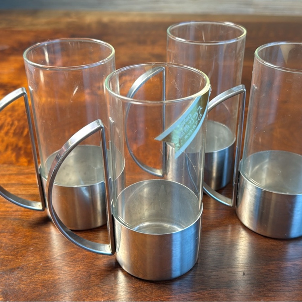 Vintage Hario Glass and Stainless Steel Mugs - Set of 4